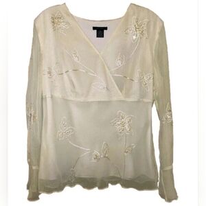 Anne Carson Cream Floral Sequenced Embroidered Blouse